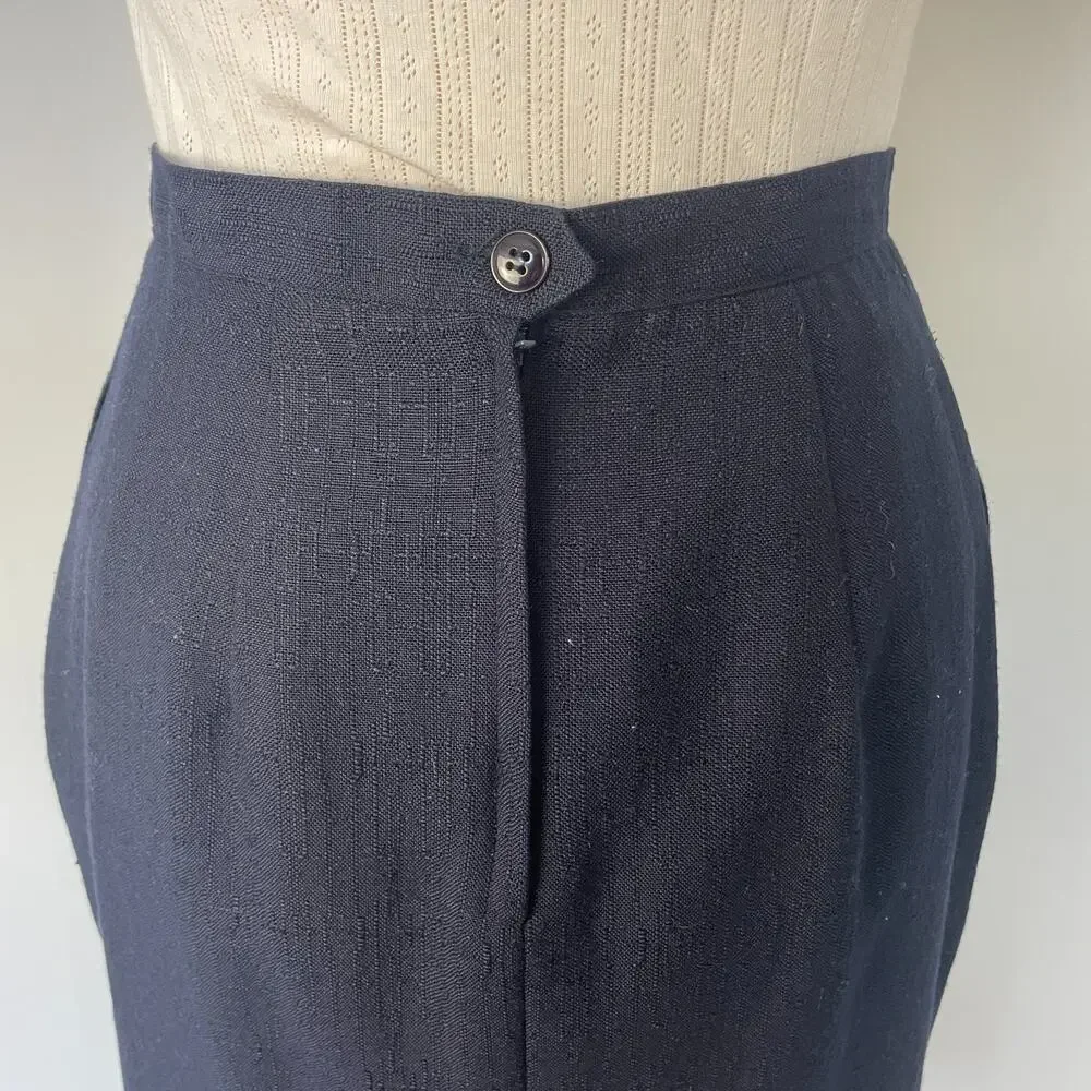Vintage Midi Skirt Size 10 Navy Blue Minimal Secretary Retro High Rise 80s 90s